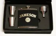 Jameson black leather flask gift set w 2 shot glasses & funnel in leather box