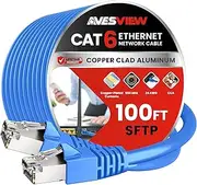 AvesView CAT6 Shielded Ethernet Cable (SFTP) Snagless 10Gbps Long Professional Series High-Speed Network Cable 550MHz - Blue (100FT)