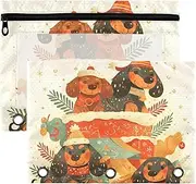 Cartoon Cute Christmas Dachshunds Dogs Pen Binder Pouches with Clear Window Large Zippered Clear Window & Grommets 3 Rings for Office School Supplies Cosmetics