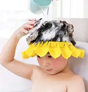 Baby Safety Shower Cap for Happy Bathing Time, Adjustable Silicone Bathing Cap Kids, Infants Soft Protection Funny of Rain Scene, Outdoor Beach as Visor Cap for Toddler Children (Yellow)