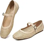 [Trary] Mary Jane Shoes Women Woven Flats for Women Dressy Ballet Flats Squared Toe Mesh Mary Jane Flats Shoes