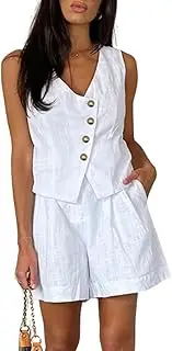 [Pokn] Linen Vest Women Linen Set Linen Skirt Linen Vest Tops 2 Piece Sets Sleeveless Summer Shorts Aesthetic