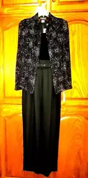 NEW JOHN ROBERTS 2 PC BLK SZ 6 BELTED JUMPSUIT/GLITTER BUTTON SHEER JACKET/$129