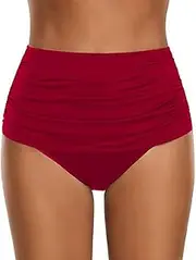 [Generic] High Waisted Bikini Bottoms for Women Tummy Control Ruched Swimsuits Retro Full Coverage Bathing Tankini Swim Bottoms
