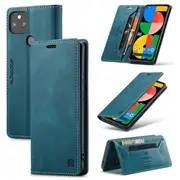 AutSpace For Google Pixel 5A 5G Case RFID Blocking Retro Flip Premium Leather Card Holder Wallet Cover - Cyan Blue