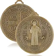 Landical 2 Pcs 5 Inch St Benedict Medals Extra Large Metal Saint Pendant Christmas Vintage Gold Tone Finish Saint Benedict Protection for Door Wall or Desk Display Art Decor Gifts