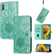 [SATURCASE] Case for Samsung Galaxy A70 A70S, Sunflower Embossing PU Leather Flip Magnet Wallet Stand Card Slots Hand Strap Protective Cover for Samsung Galaxy A70 A70S (HE-Green)