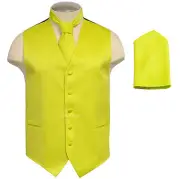 New Brand Q Men's Tuxedo Vest Waistcoat Necktie & Hankie Set Florescent Yellow