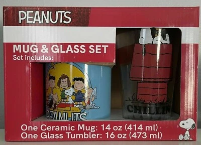 Peanuts GANG 14 oz Mug & 16 oz SNOOPY Chillin Glass Tumbler Set Coffee Cup *NEW*