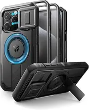 Dexnor for iPhone 15 Pro Magnetic Case with Slide Camera Cover & Adjustable Kickstand & Built-in Screen Protector, Rugged Shockproof Bumper Cases Heavy-Duty Cover - Night Black