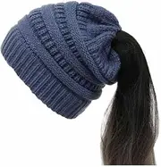 [SHTGOI] Ponytail Hat Wool Knitted Hat Soft Stretch Winter Hat with Loop Braids Hole Slouch Beanie Hat Chunky Knit Crochet Hat Warm Hat for Women and Girls with Long Hair