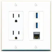 3 Port Power Outlet Cover Plug Jack UL 2 Gang CAT7 2 USB-3 Wall Plate