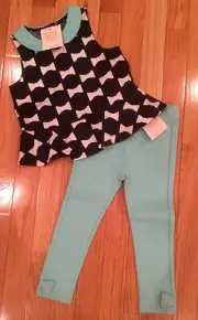 NWT Janie & Jack HIGH TEA HOLIDAY 2T 3 6 Bow Top Ponte Pants Teal SET $64 Blue