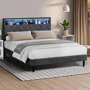 Oikiture Double Size Bed Frame with LED Display Shelf Storage Tufted Headboard Double Bed Grey