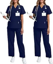 [Cutecrop] 2 Pack Scrubs for Women Set Stretch V Neck Top and Cargo Pants Scrubs Set with 9 Pockets Medical Uniform Scrubs(Navy Blue,M)