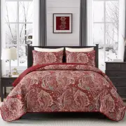 Red Paisley Quilt Set California King Boho Bedspread 3 Pieces, Soft Lightweight