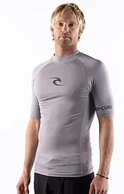 [Rip Curl] Men’s Short Sleeve Rash Vest - UPF 50+ Sun Protection Surf Shirt- Tight Fit Rash Vest- Grey Heather- Large