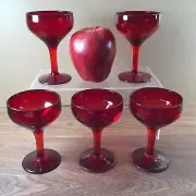 Set of 5 Ruby Red Cordial Wine Cocktail Glasses Long Stem 4 1/4" H 2 1/2" D EUC
