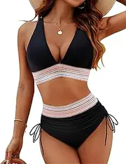 [MAIABLEAU] Women High Waisted Bikini Sets Tummy Control Swimsuits Color Block 2 Piece Drawstring Bathing Suit