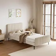 Oikiture King Single Bed Frame with Velvet Fabric and Solid Slats Mattress Platform Bed Base Beige