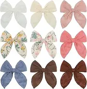 Pack of 9 Girls Hair Bows Cotton Linen Alligator Hair Clips or Little Girls Toddlers Kids Neutral Handmade Hair Accessories