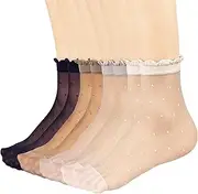 [Mcool Mary] 12 Pairs Women's Sheer Ruffled Socks Frilly Cuff Ankle High Nylon Stocking Summer Ultra Thin Cool Silk Dot Socks for Women Coffee, 12pairs(beige*3pairs+coffee*3pairs+dark Blue*3pairs+grey