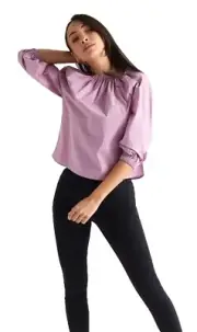 Downeast Sz L Women's Purple Crop Top Gathered Elastic Neck & Slvs Cotton Mauve