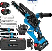 Cordless Mini Chainsaw, 8 inch & 6 inch Portable Handheld Chain Saw with 2 X 4.0Ah Battery, 4 Chains 4 Guide Plates, LED Indicate, Brushless Electric Chainsaw Using for Tree Trimming, Garden Pruning