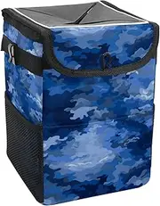 Car Trash Can with Lid and Storage Pockets Leak-Proof Organizer,Waterproof Garbage Can,Abstract Blue Spots Camouflage