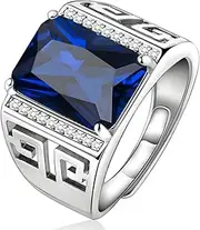 Eastlily Created Sapphire Rings for Men Plated Silver Ring, Radiant Cut Blue Sapphire Mens Ring with CZ, Mens Wedding Rings Adjustable Size 7-12