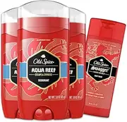 Old Spice Men's Deodorant Aluminum-Free Aqua Reef, 3.0oz Pack of 3 with Travel-Sized Swagger Body Wash, RED