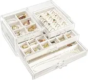 ProCase Large Acrylic Jewelry Box Earring Holder Organizer with Drawers, Clear Jewelry Storage Case with Velvet Trays for Earring Ring Necklace Bracelet, 28 × 16 × 12cm - Warmwhite, 3 Layers