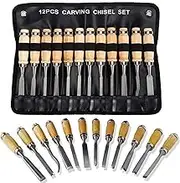 Byforphye 12 Pcs Wood Carving Tools Chisels Set with Wood Handle, Steel Blade, Bevel Edge, for Woodworking Professionals and Beginners, Includes Storage Canvas Bag
