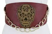 Women Red Wide Elastic Corset Biker Rally Belt Gold Metal Chain Brown Skull S M