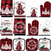 12 Pcs Christmas Winter Red and Black Check Kitchen Towels and Oven Mitts Set 4
