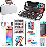 Carrying Case & Accessories Bundle Kit for Nintendo Switch OLED 2021 Model with 3in1 Protective Case, Screen Protector, Charging Dock, Handle Grip, Joystick Caps, PlayStand-White
