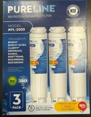 3 PACK *NEW* Pureline PL-2500 Refrigerator Water Filter For BOSCH HAIER MIELE