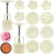 FineGood 2 Set Mooncake Mould Press With 10 Stamps - Round Cherry Blossom Dessert Decoration for DIY Cookie Hand Pressure Baking Tools (50g, 75g)