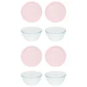 Pyrex (4) 7402 6-Cup Sculpted Glass Bowls and (4) 7402-PC Loring Pink Lids
