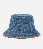 [Gucci] Gucci GG leather-trimmed denim bucket hat UK 6 7/8 blue