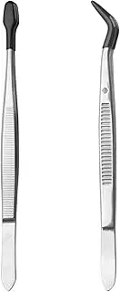 2pcs Rubber Tipped Tweezers - Stainless Steel Gem Stamp Tweezers With Straight Flat & Curved Tips for Jewelry Making, Bead Crafts, Hobby Crafting