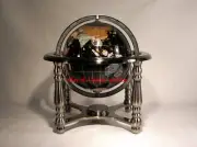 10" Tall Black Onyx Ocean Gemstone World Globe with 4 Leg Silver Stand