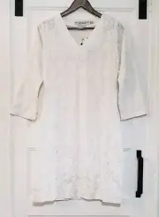 Gretchen Scott Womens XXS Embroidered Shift Dress White Mini 3/4 Sleeve V Neck