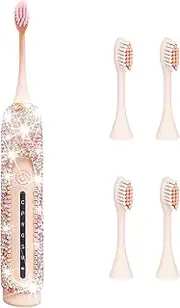 VFUIFRYI Electric Toothbrush for Woman Pink Toothbrush Bling Diamond Decor Portable Travel Essentials for Women Pink Toothbrush with 3 Replacement Heads 6 Modes