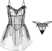 [JINZIJINYU] Babydoll for Women Sexy Perspective Temptation Slim Mesh Pajamas Sweet Suspender Skirt Home Service Suit