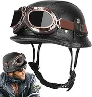 German Style Half Helmet Motorcycle, Retro Open Face Helmet with Adjustable Quick Release Buckle Goggles, UV Protection, Vintage Leather for Motorcycle Scooter Safety Accessories