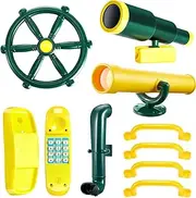 Playground Accessories Swing Set Pirate Plastic Playground Equipment Set with Plastic Wheel, Telescope, Periscope, Telephone, Safety Handle Bars for Outdoor Playhouse Treehouse (Yellow, Green)