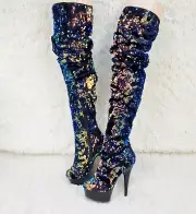 Delight 3004 Blue Mermaid Sequin Slouchy Thigh High Boots 6" Heels Size 6-14 NY