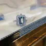 14K White Gold Finish 1.54CT Emerald Cut Real Aquamarine Halo Style Jewelry Ring