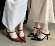 Womens Summer Pointy Toe Buckle Strap Fashion Mules Kitten Mid Heels Slippers